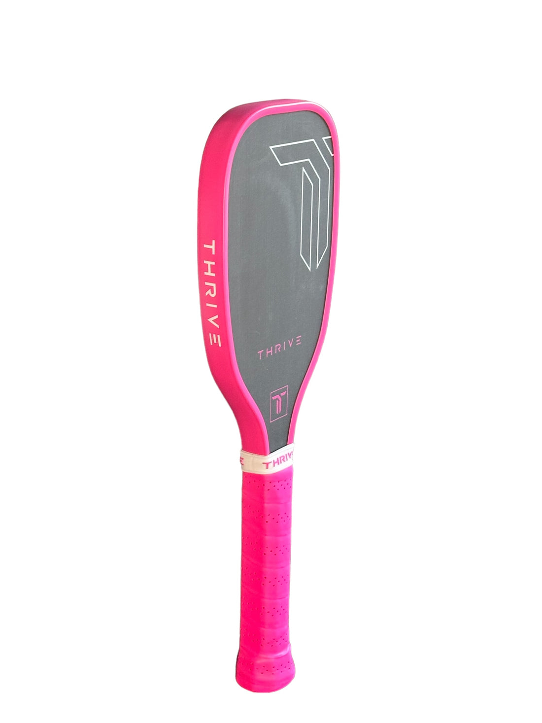 Pink pickleball paddle with gray face, comfortable grip