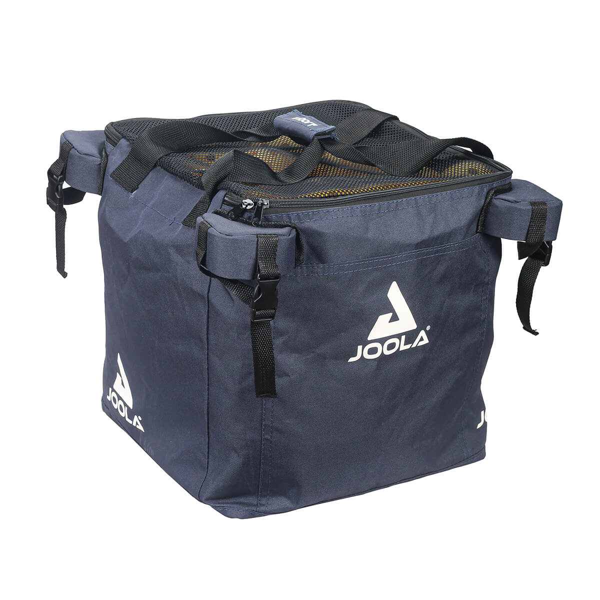 Durable navy blue pickleball ball carrier with mesh top and side pockets.