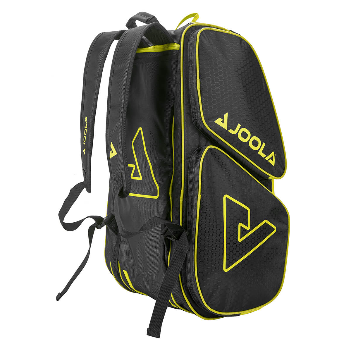 Black table tennis backpack with yellow accents; ample storage.