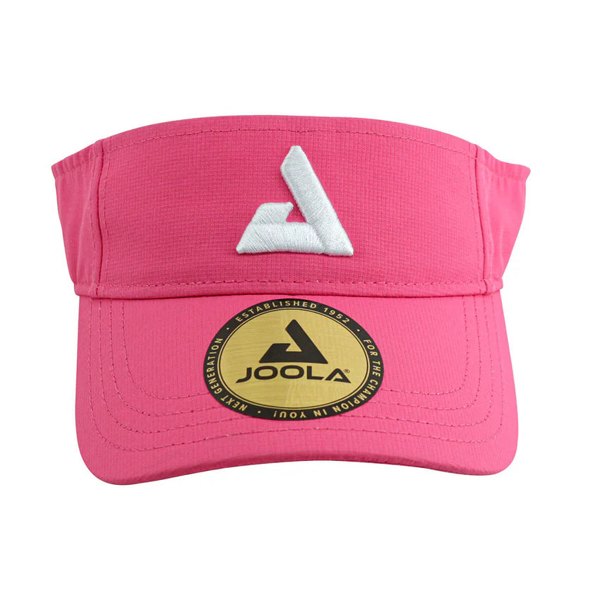 Pink visor with white logo, showing a close-up view.