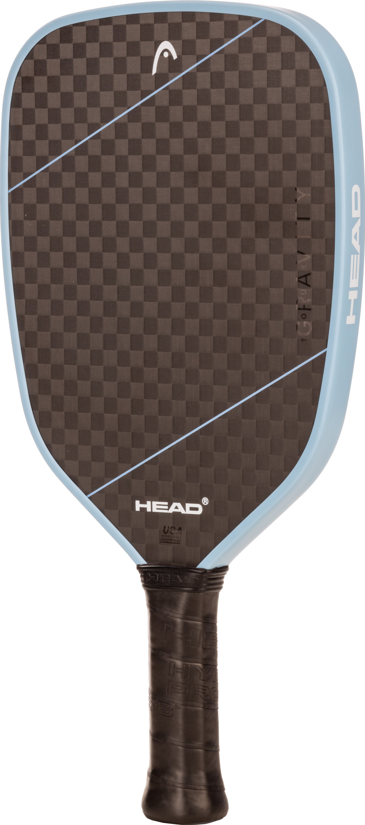 Light blue pickleball paddle with a dark gray carbon fiber face and textured grip.