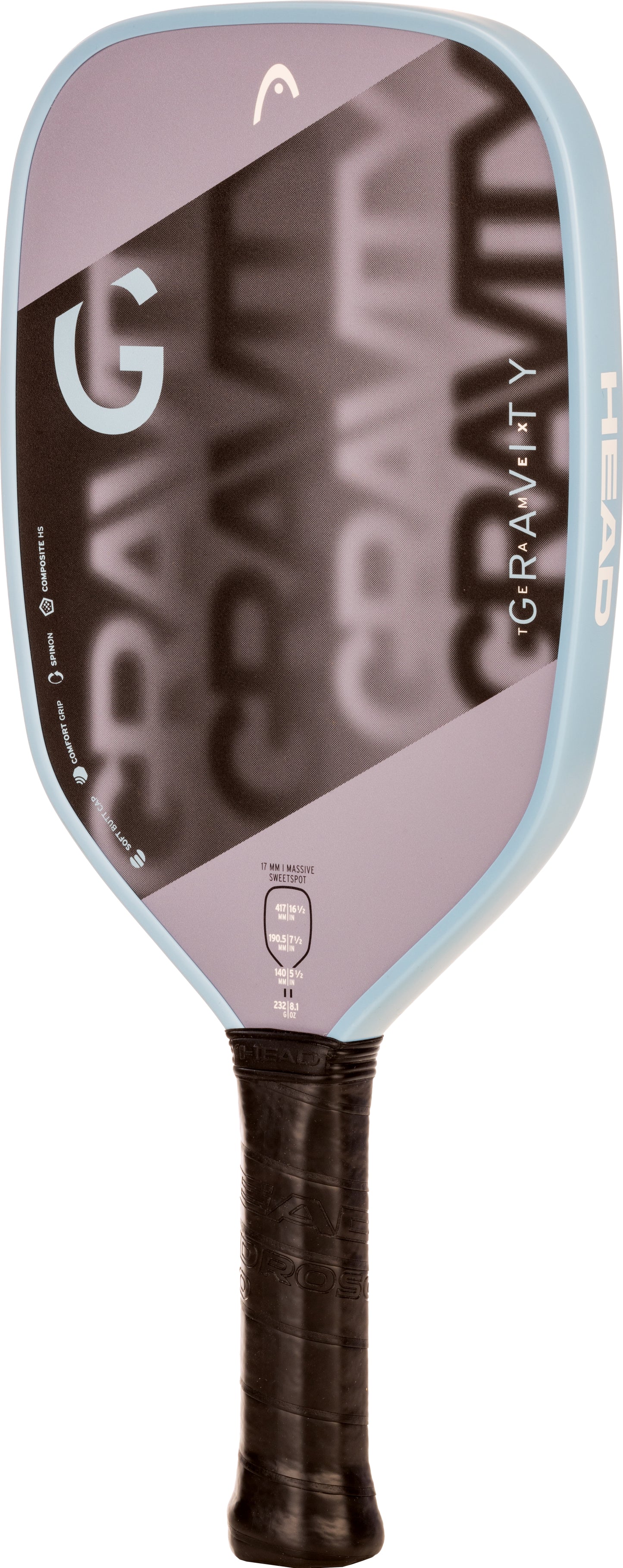 Light blue pickleball paddle with a large sweet spot, featuring a dark gray and black design.
