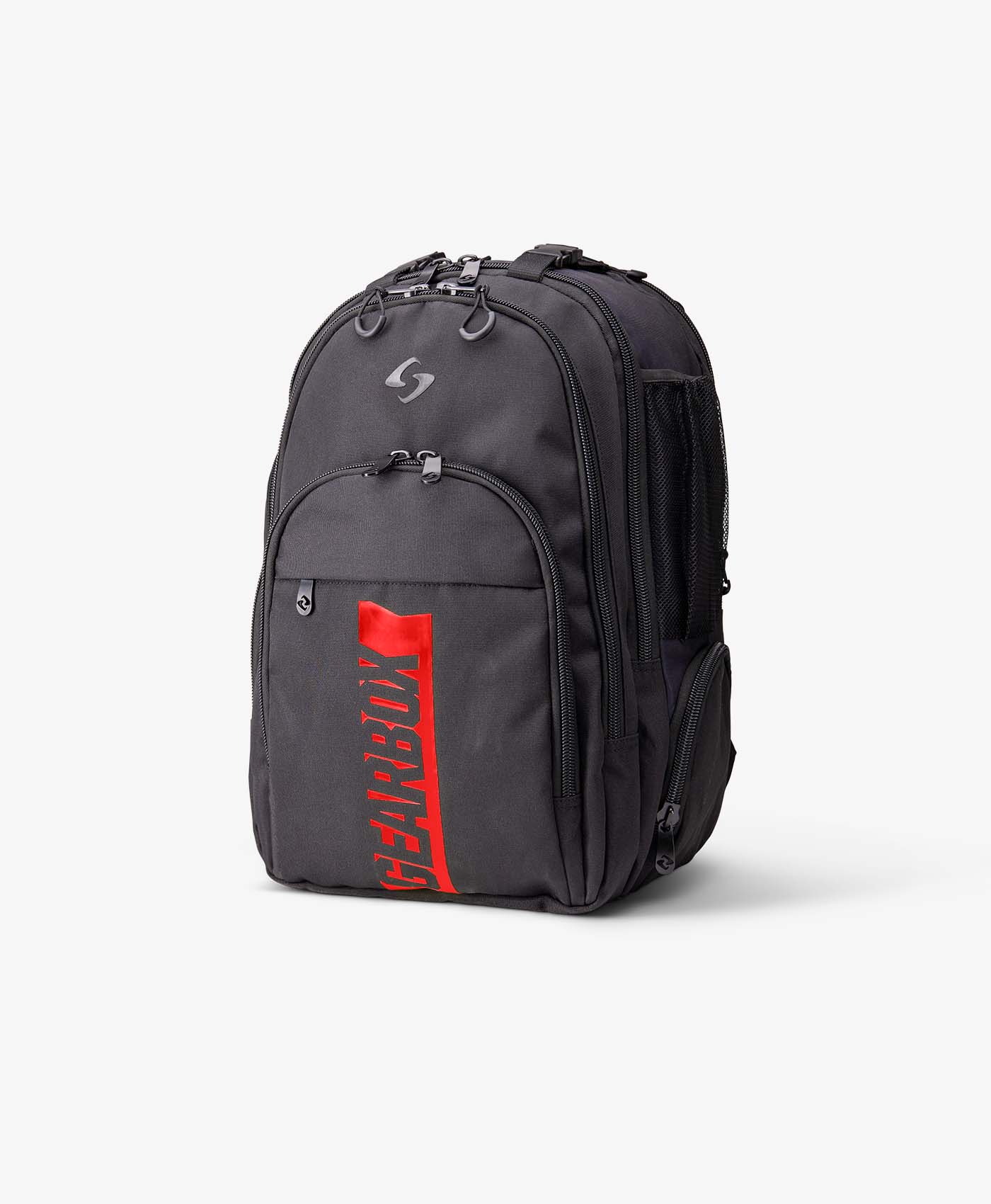 Black backpack with red logo, multiple compartments, and zipper closures.