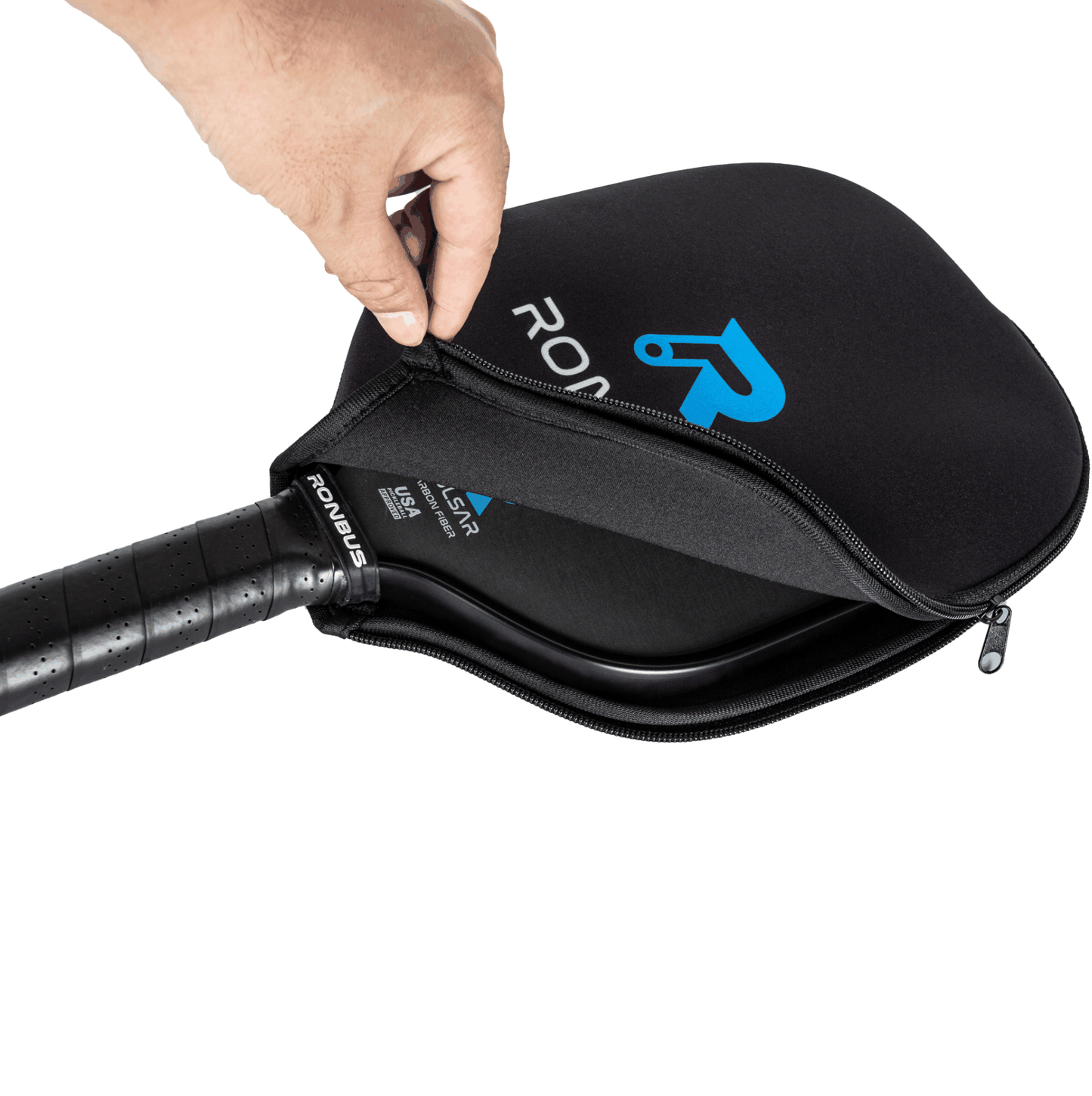 Neoprene paddle cover with zipper, protecting paddle during transport.