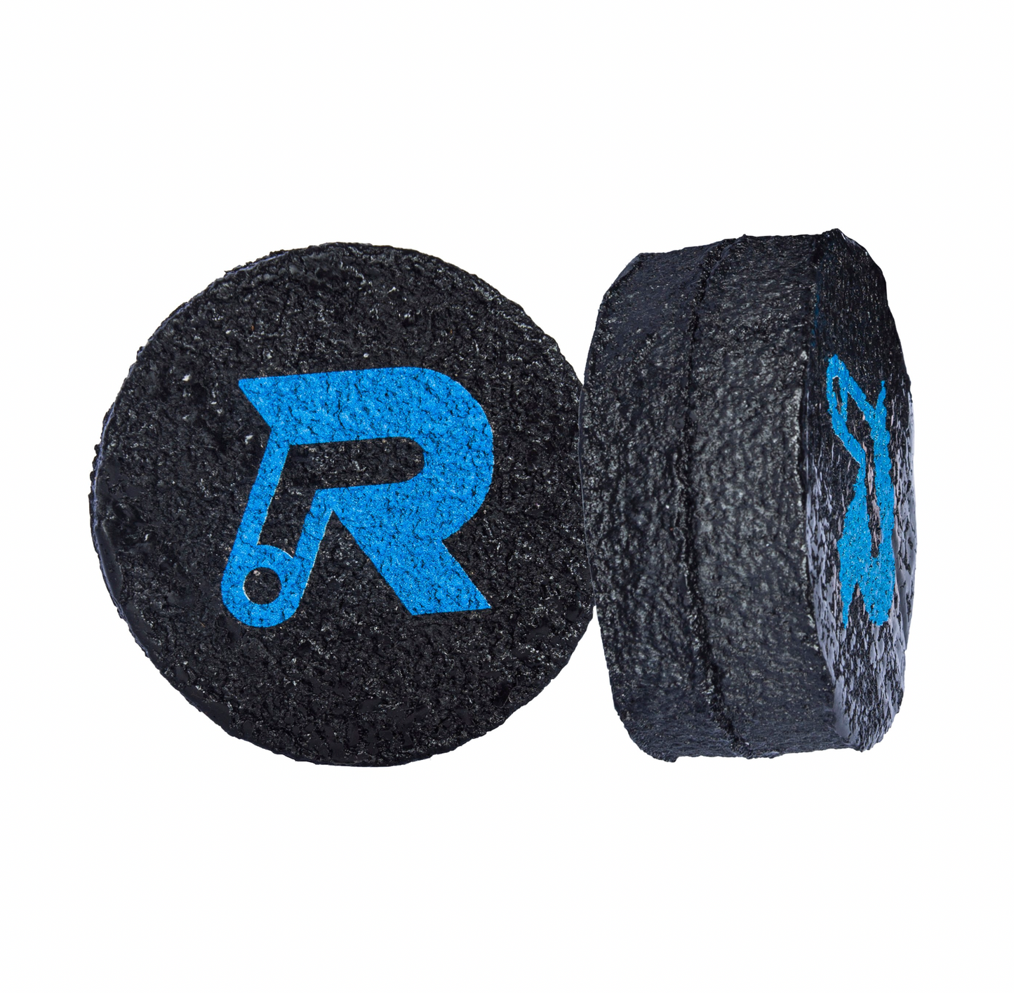Black pickleball paddle erasers with blue logo, close-up view.