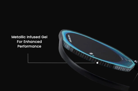 Pickleball paddle face showcasing metallic-infused gel for enhanced performance.