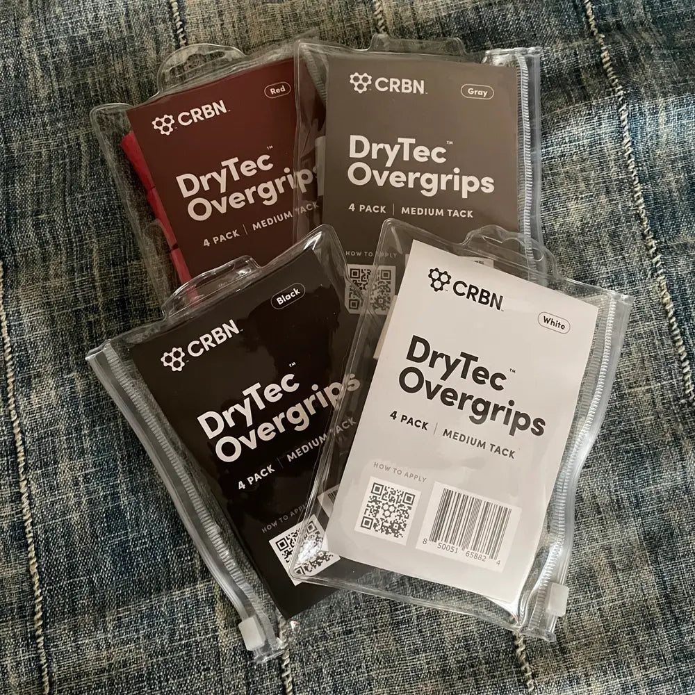 CRBN DryTec Overgrips 4-pack: Red, gray, black, & white. Medium tack.