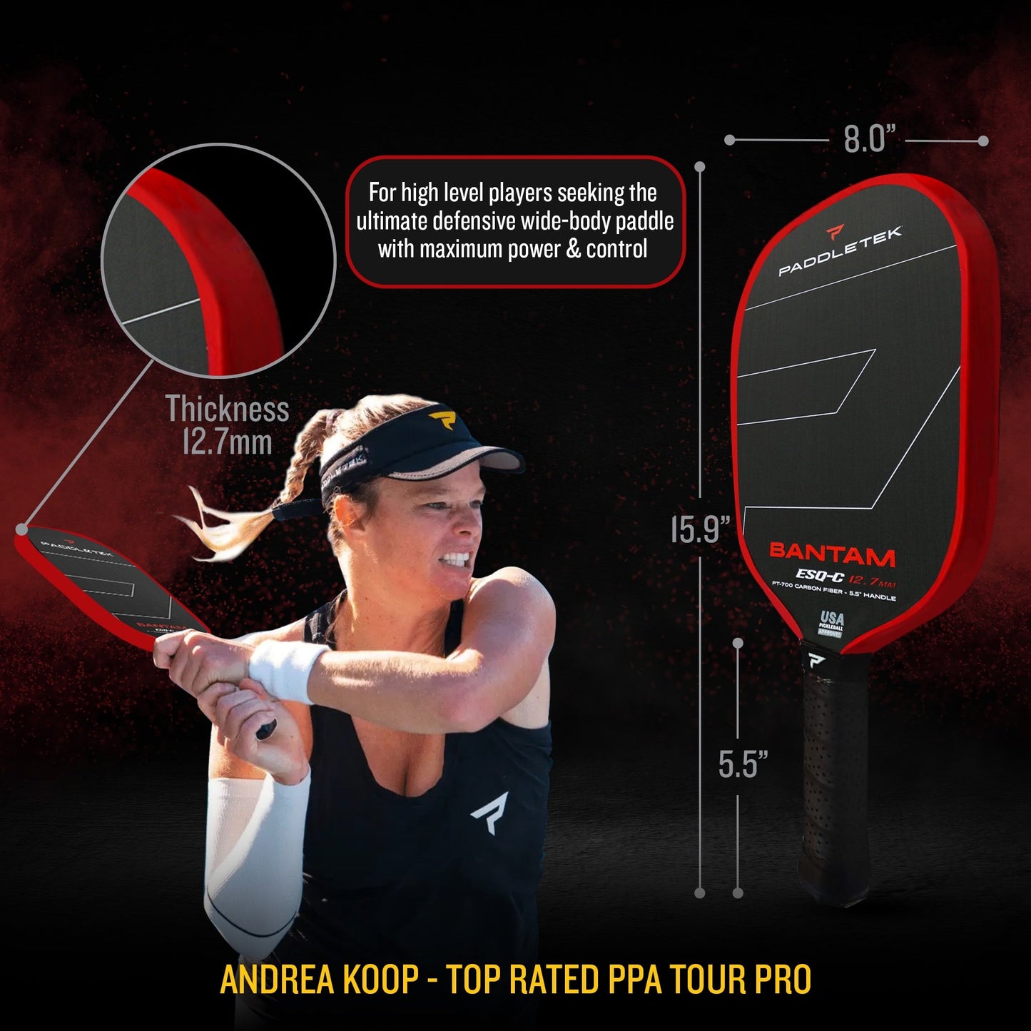 Pickleball pro using a wide-body paddle with a 5.5" handle; red and black design.