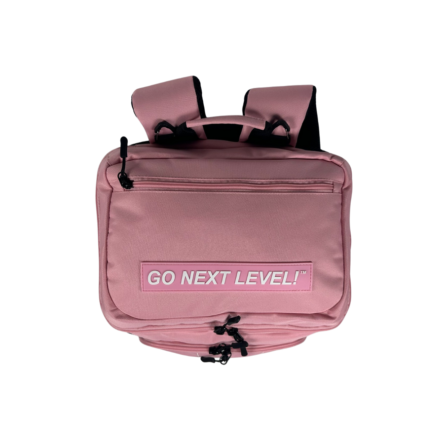 Pink backpack with "GO NEXT LEVEL!" detail