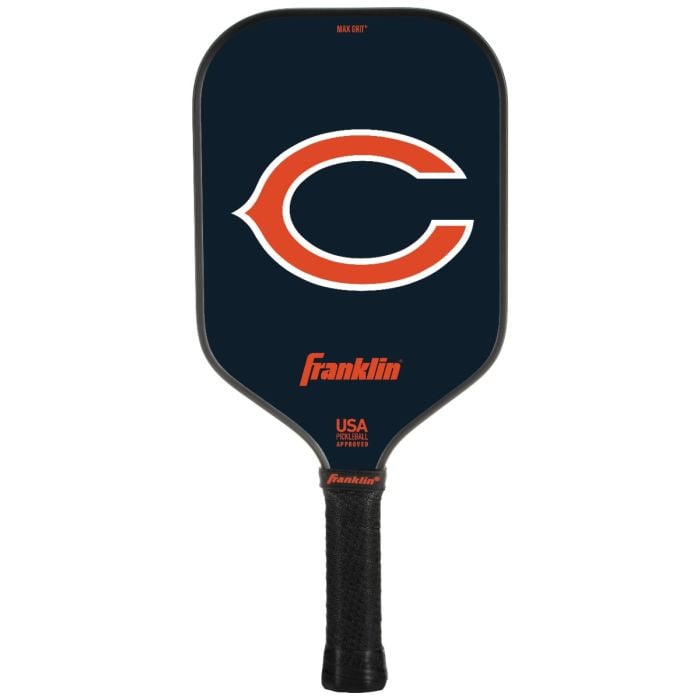 Chicago Bears pickleball paddle with fiberglass face and MaxGrit grip.