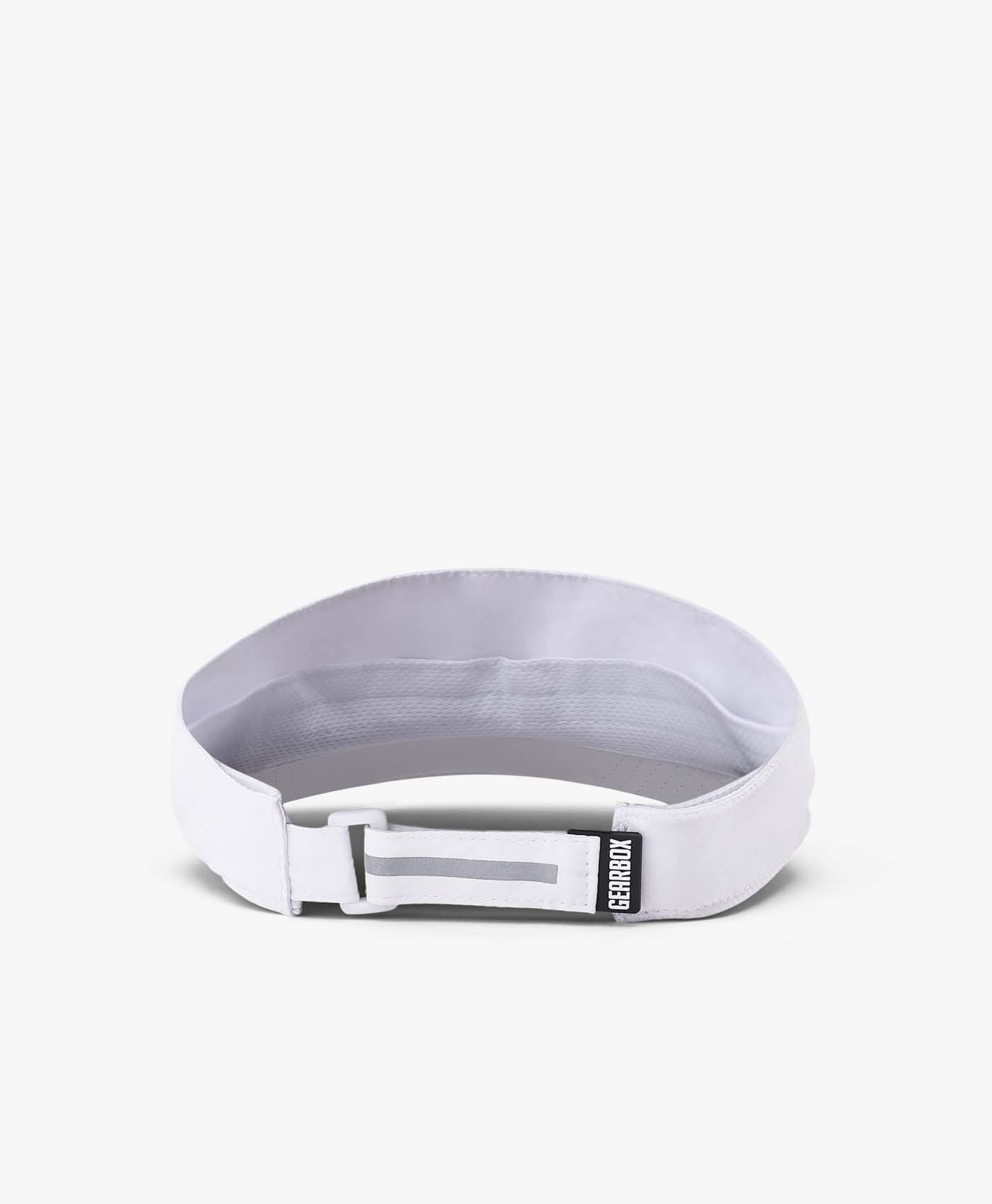 White running visor with breathable inner band, reflective detail.