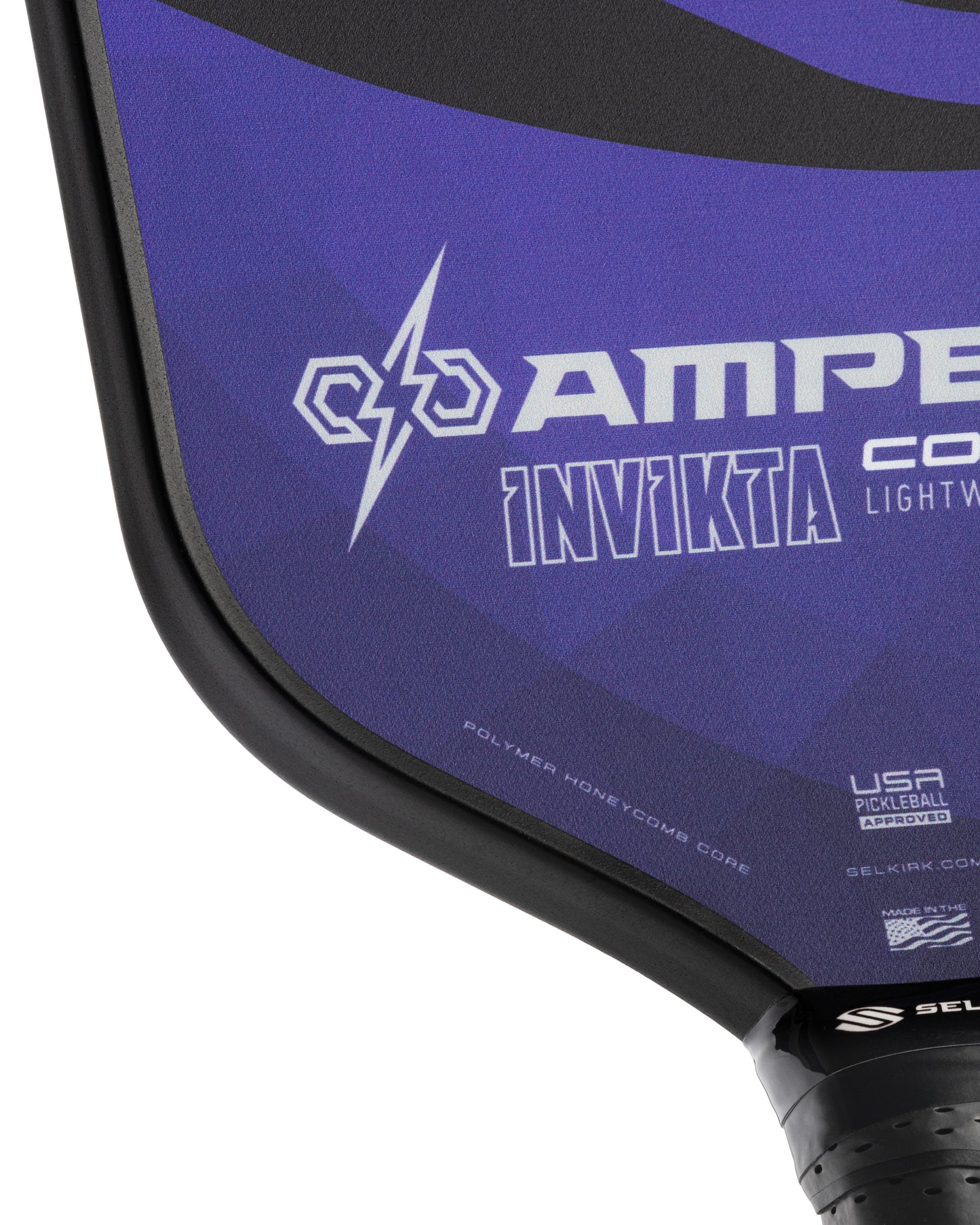 Purple pickleball paddle with black edge, featuring a honeycomb core.