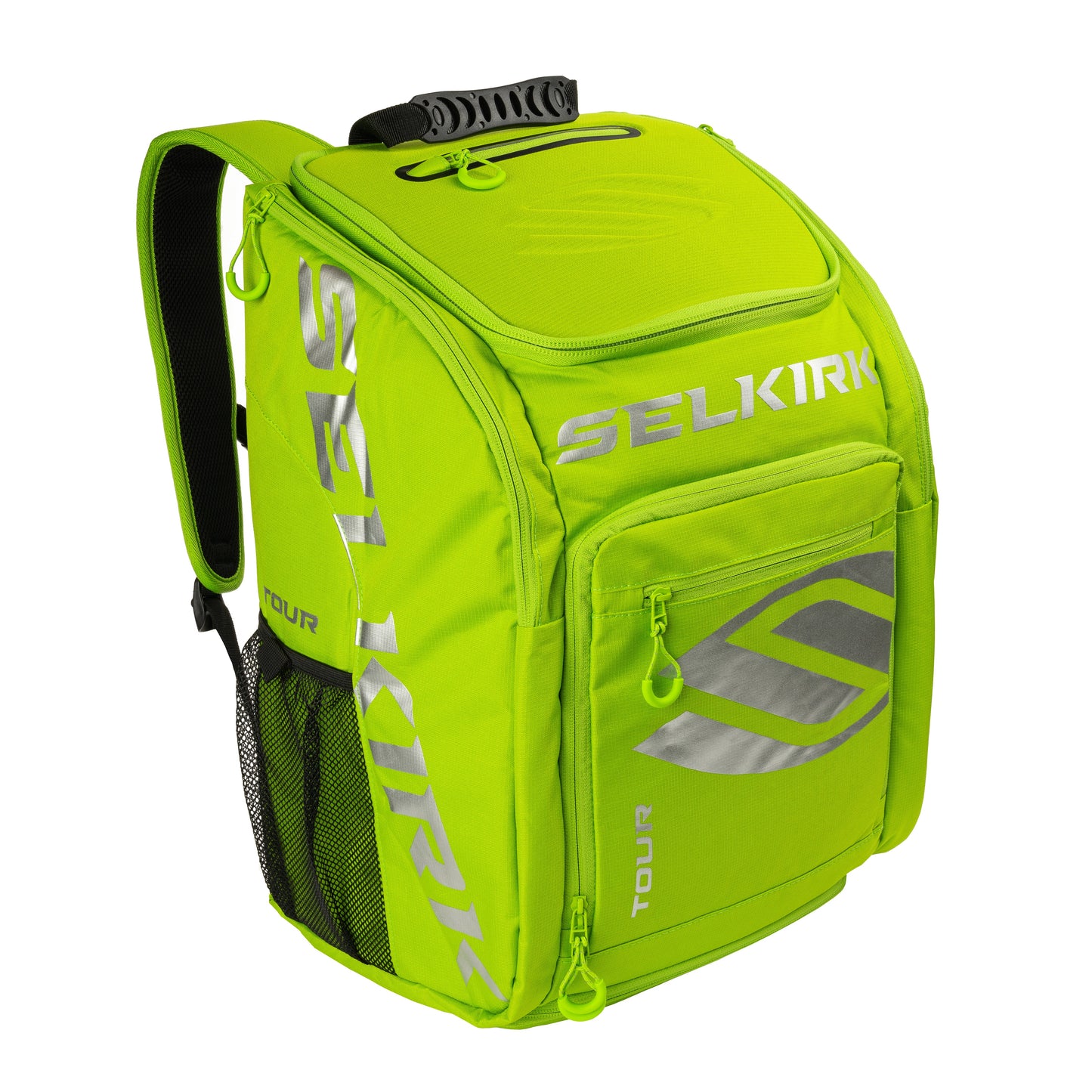 Lime green backpack with padded straps and multiple zippered compartments.