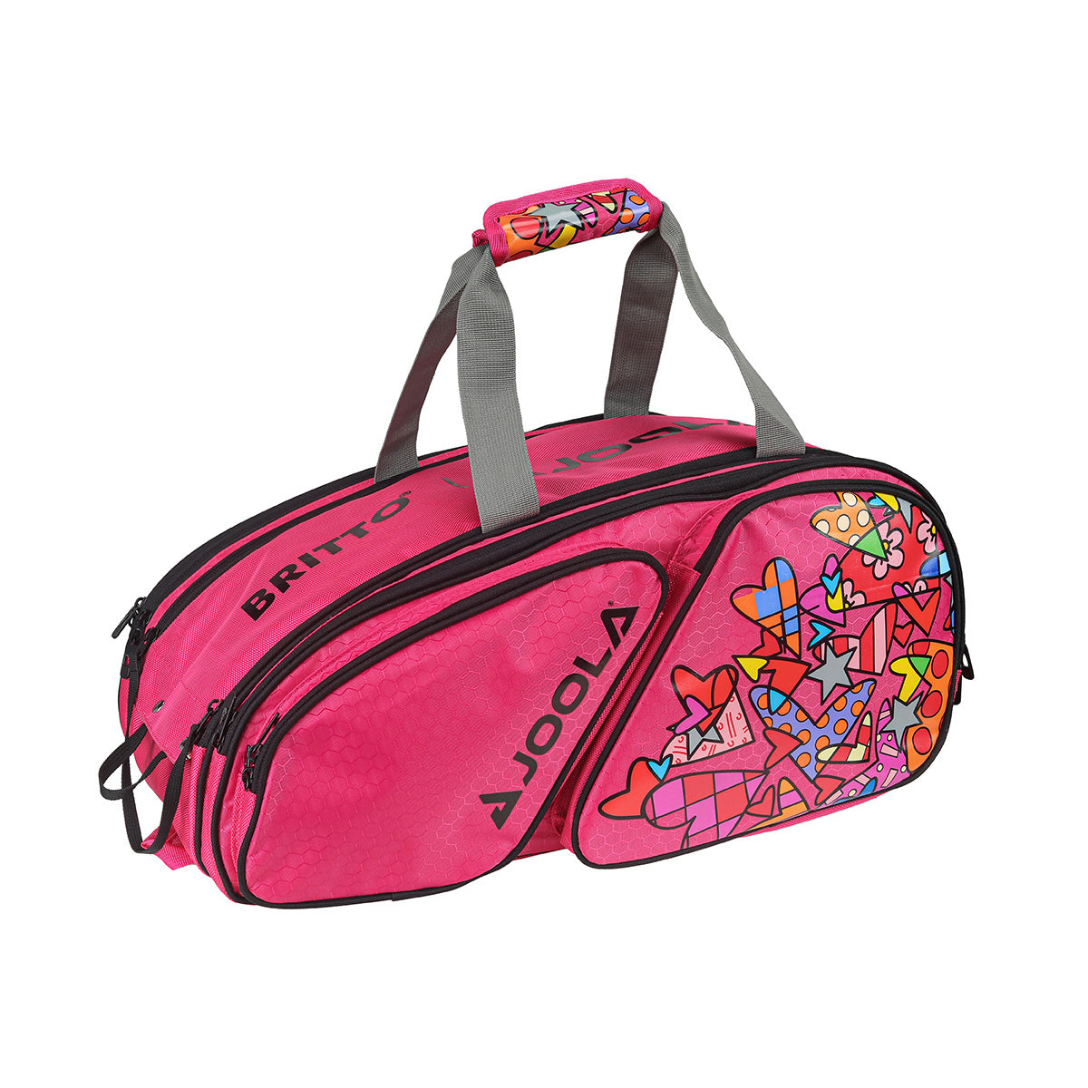 Pink table tennis bag with colorful heart design, multiple compartments, and gray handles.