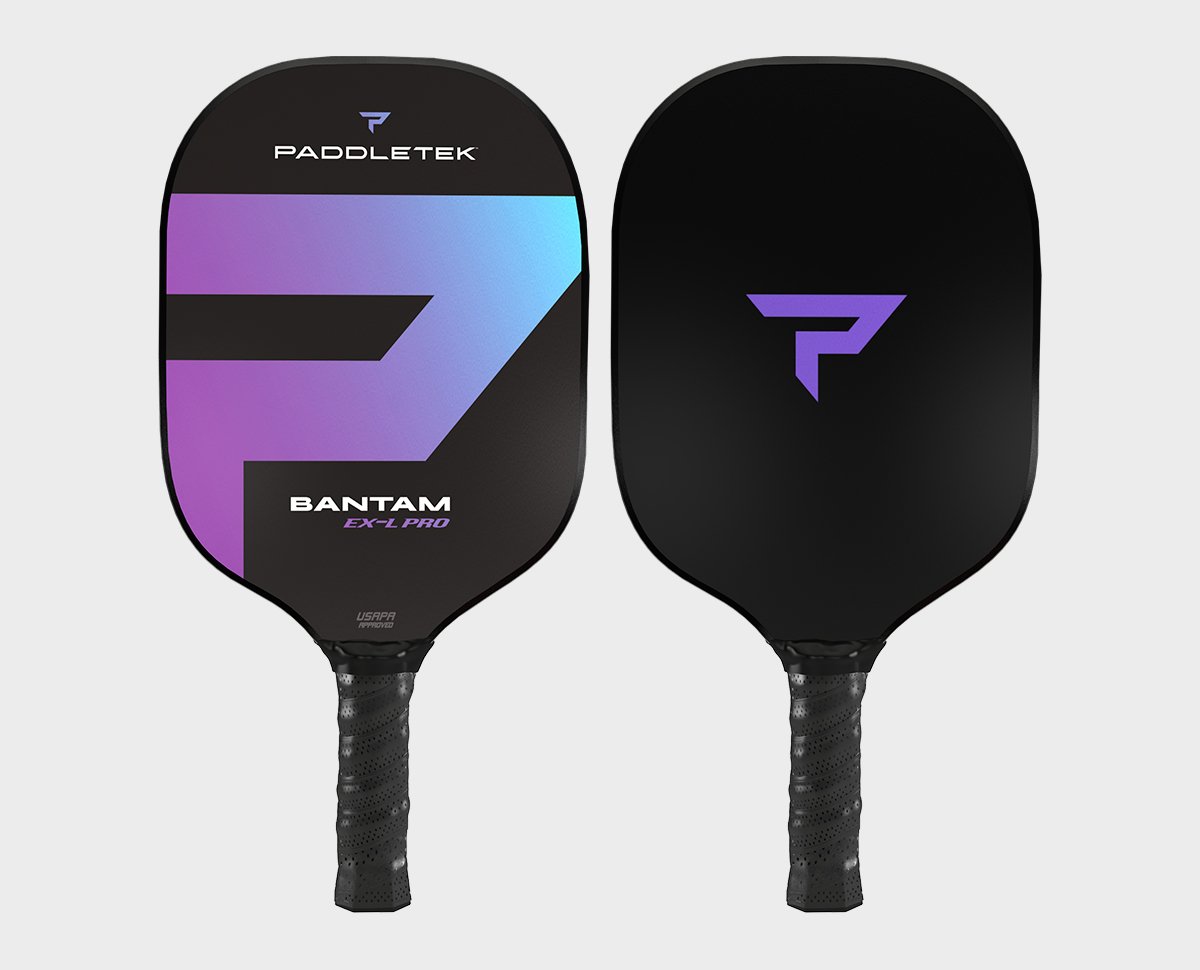 Pickleball paddle with purple and black design, USAPA approved.