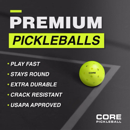 Bright yellow pickleball on a dark court, USAPA approved.