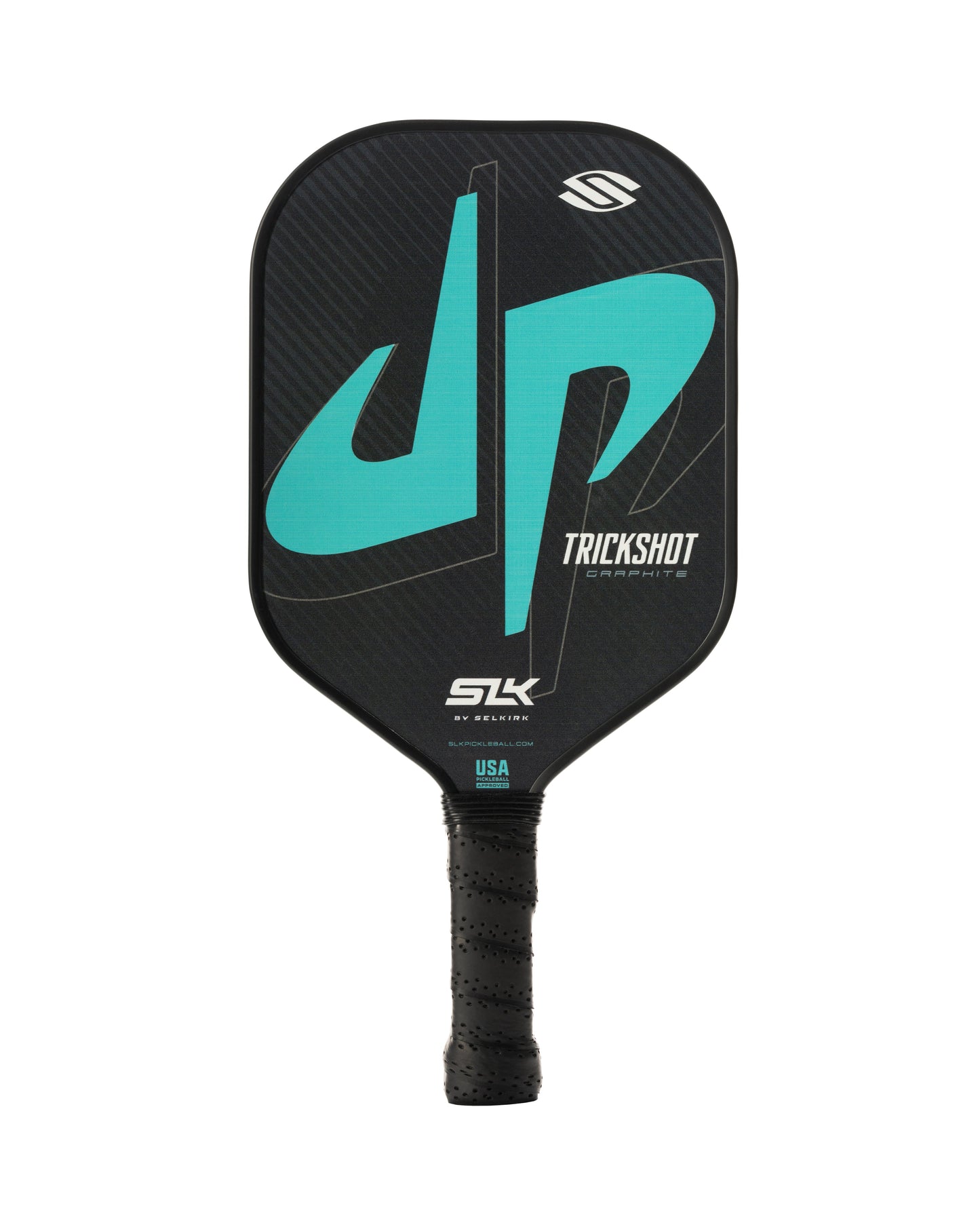Graphite pickleball paddle with teal accents; USA Pickleball Approved.