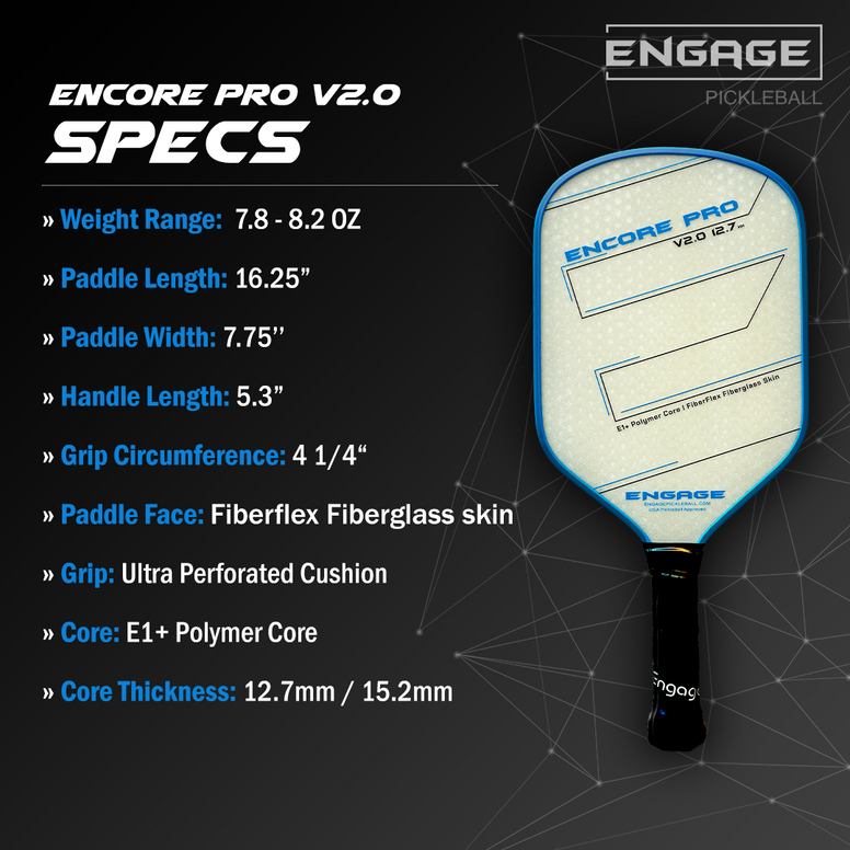 Pickleball paddle specs: dimensions, materials, and grip details shown.