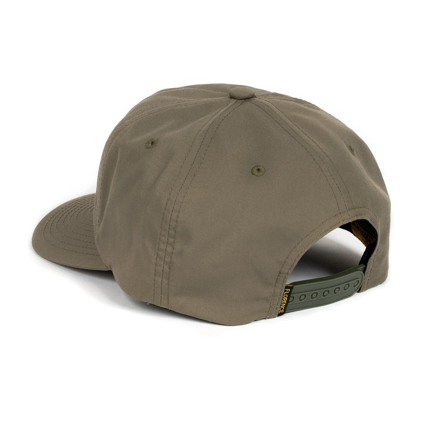 Olive green twill hat, rear view showing adjustable strap.