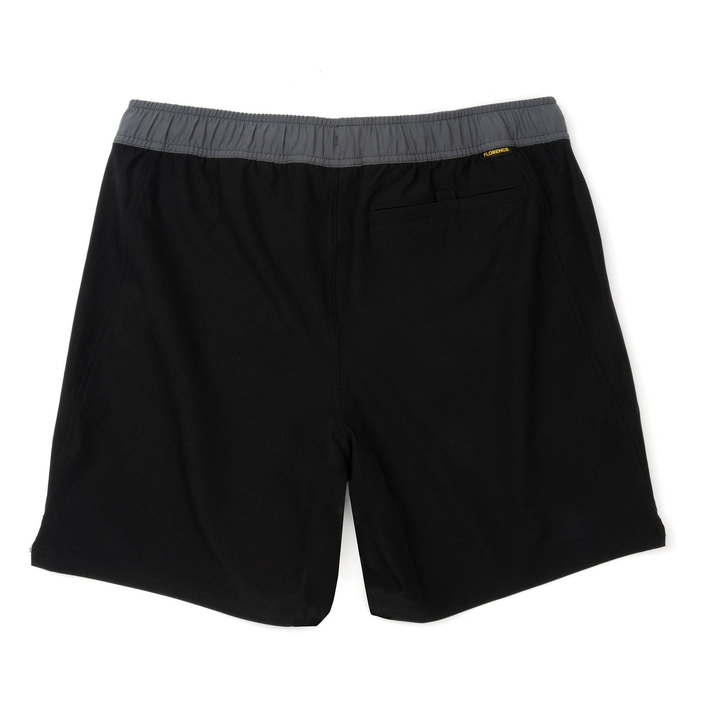 Black elastic-waist shorts with gray waistband detail, shown from the rear.