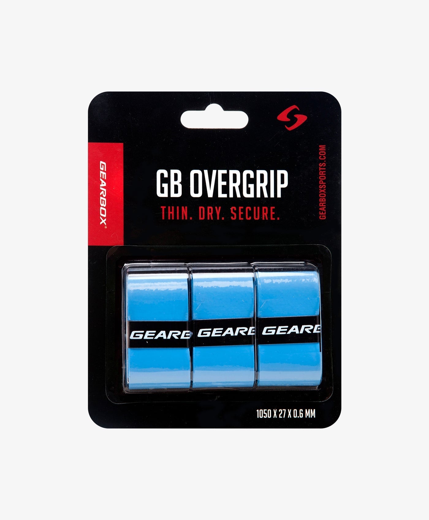 Three light-blue tennis racquet overgrips in blister pack; thin, dry, and secure.