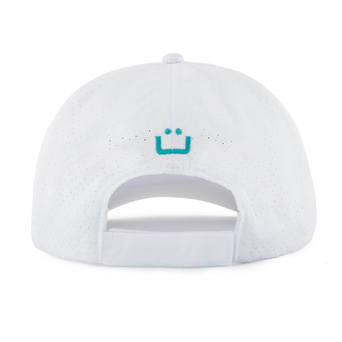 White athletic hat with teal logo, breathable fabric