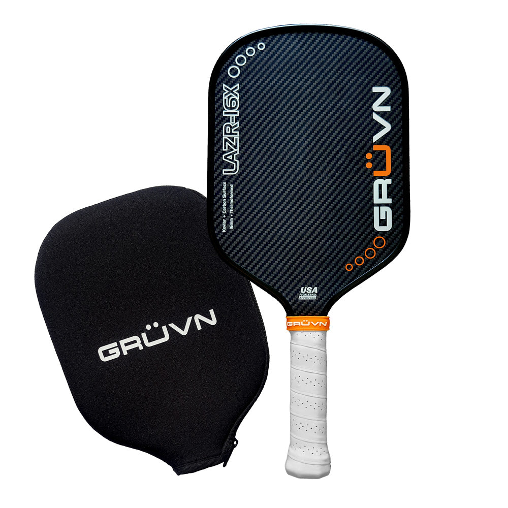 GRUVN LAZR-16X Pickleball Paddle: Blue Blend, elongated head, carbon fiber face, includes protective case.