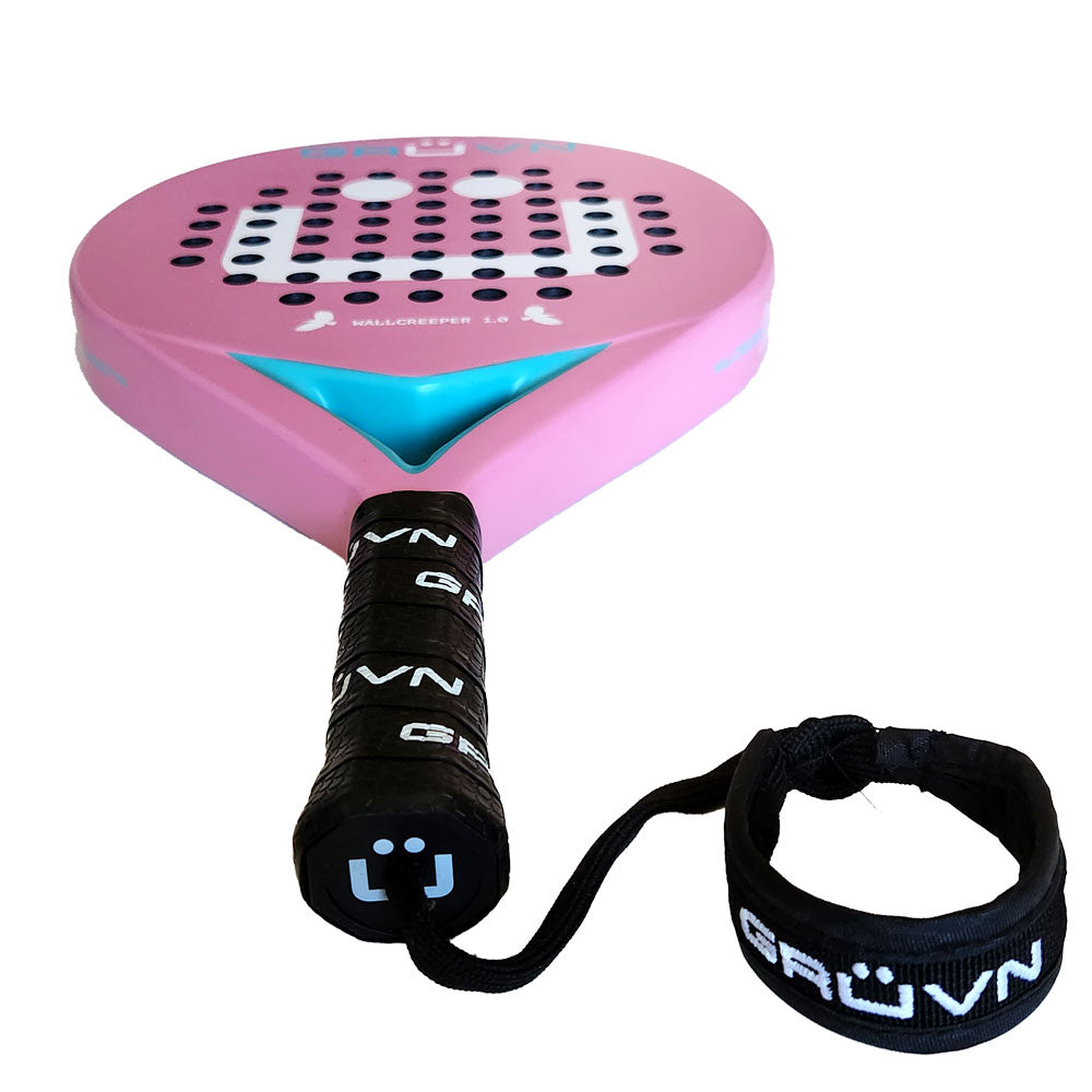 Pink carbon fiber padel racket with black grip and wrist strap.