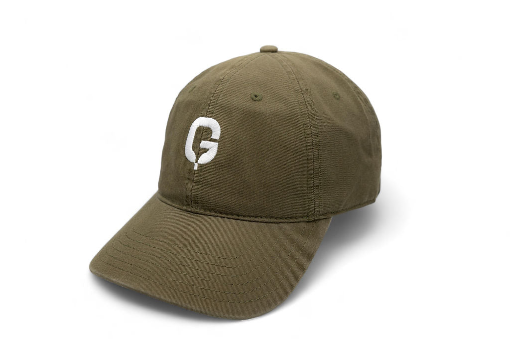 Olive green low-profile cotton hat with white logo.