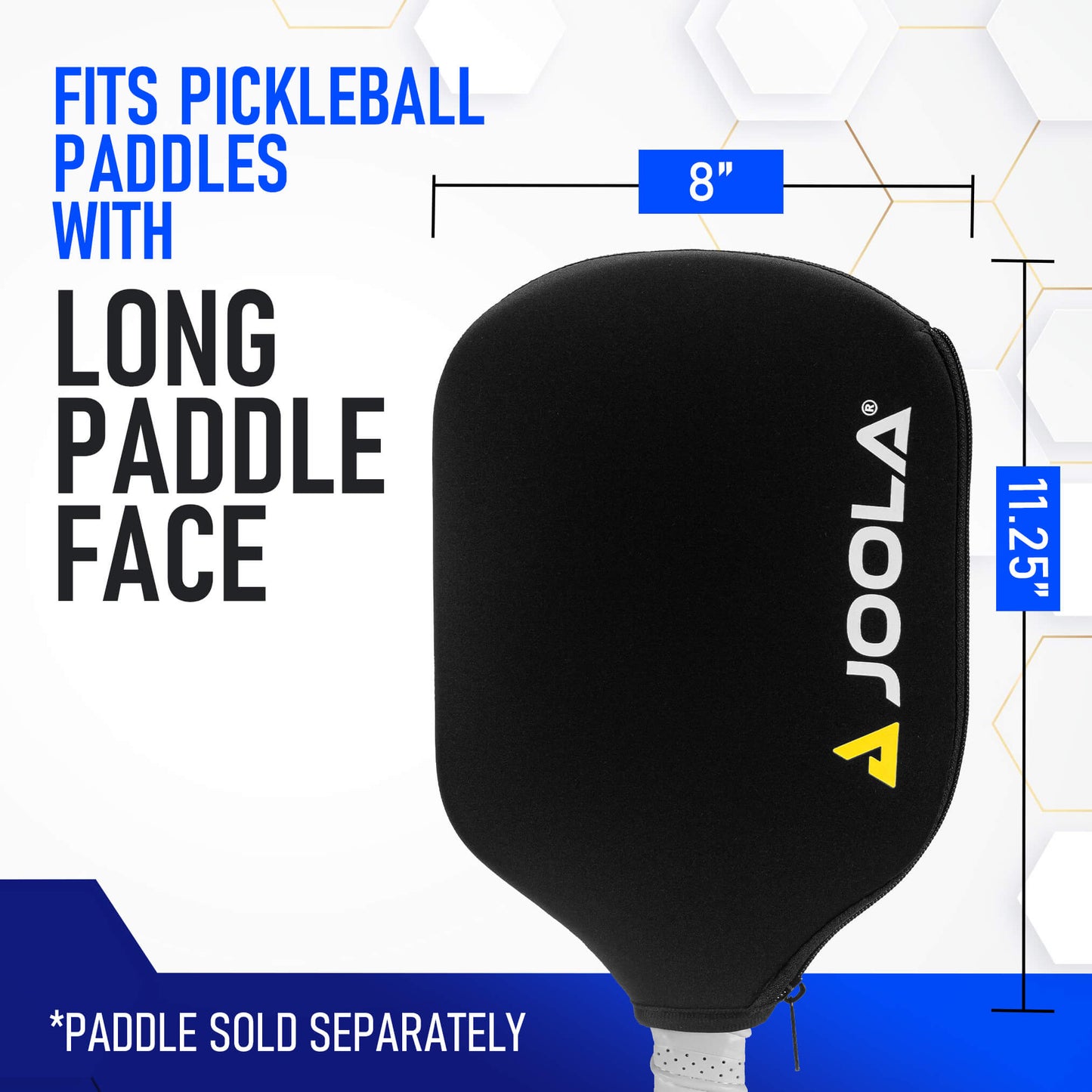 Black neoprene pickleball paddle cover with zipper, shown against a white background.