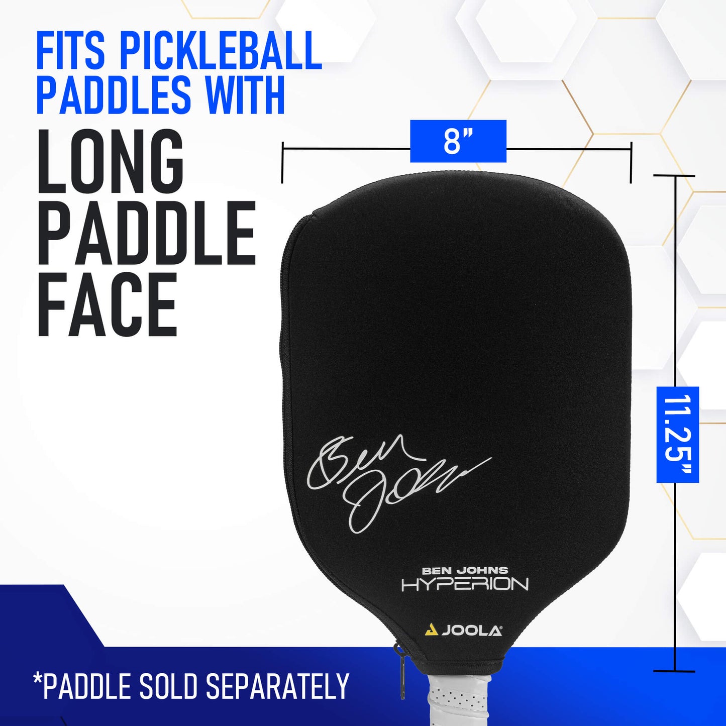 Black neoprene pickleball paddle cover, 8" x 11.25", shown against a white geometric background.
