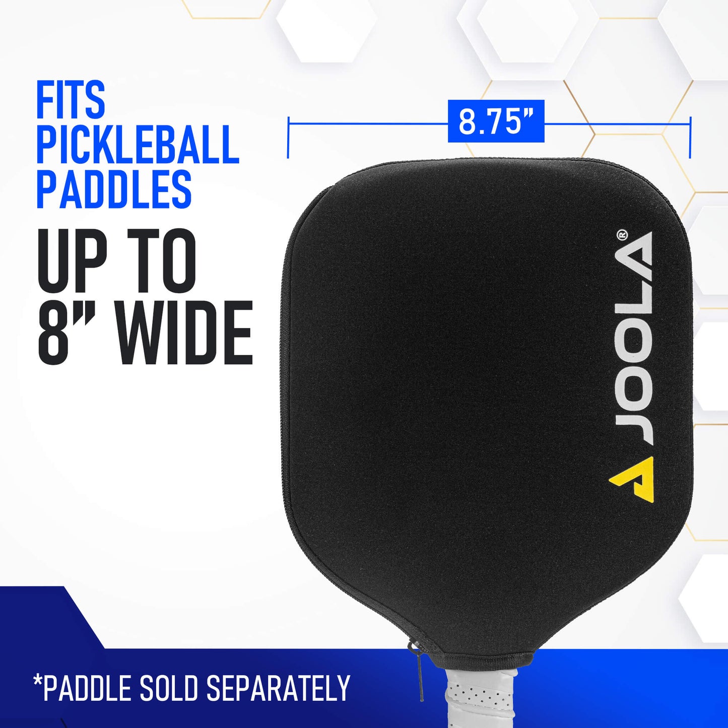 Black neoprene pickleball paddle cover, 8.75" wide, protects paddles up to 8" wide.