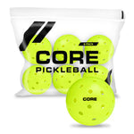 Six bright yellow pickleballs in a clear plastic bag; one ball shown outside the bag.