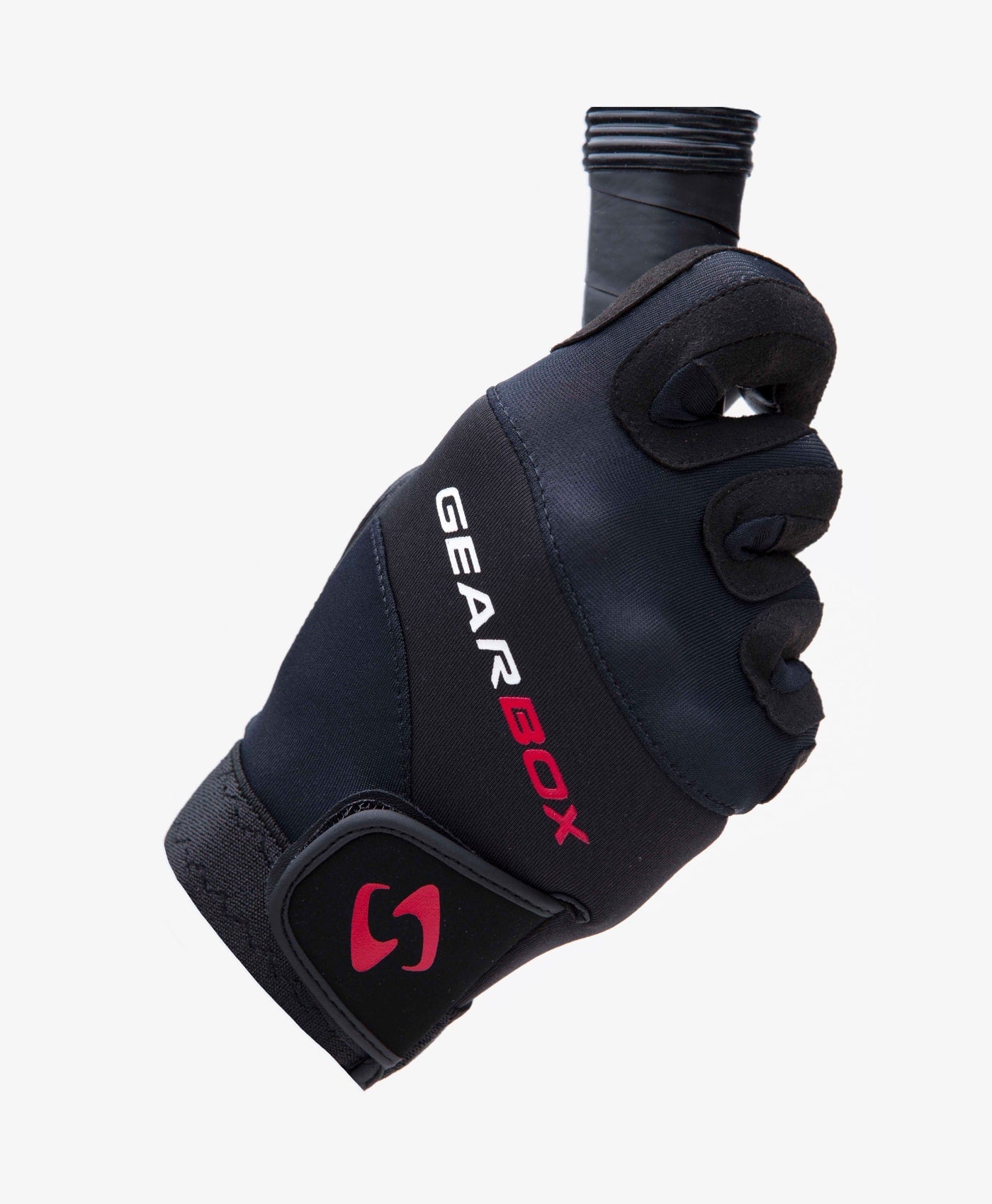 Black performance glove holding a cylindrical object, detailing textured fabric and wrist support.