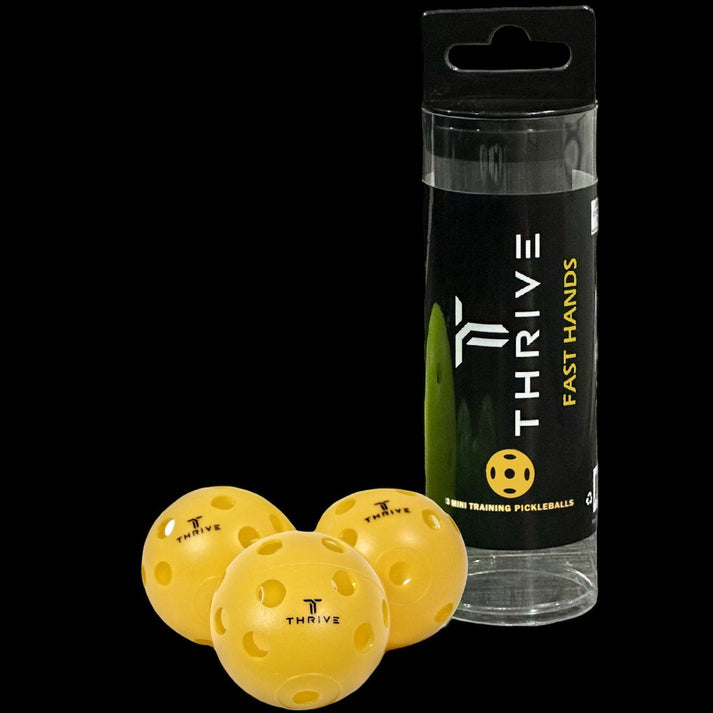 Thrive Fast Hands: 3 mini yellow pickleballs for training, improves hand-eye coordination.