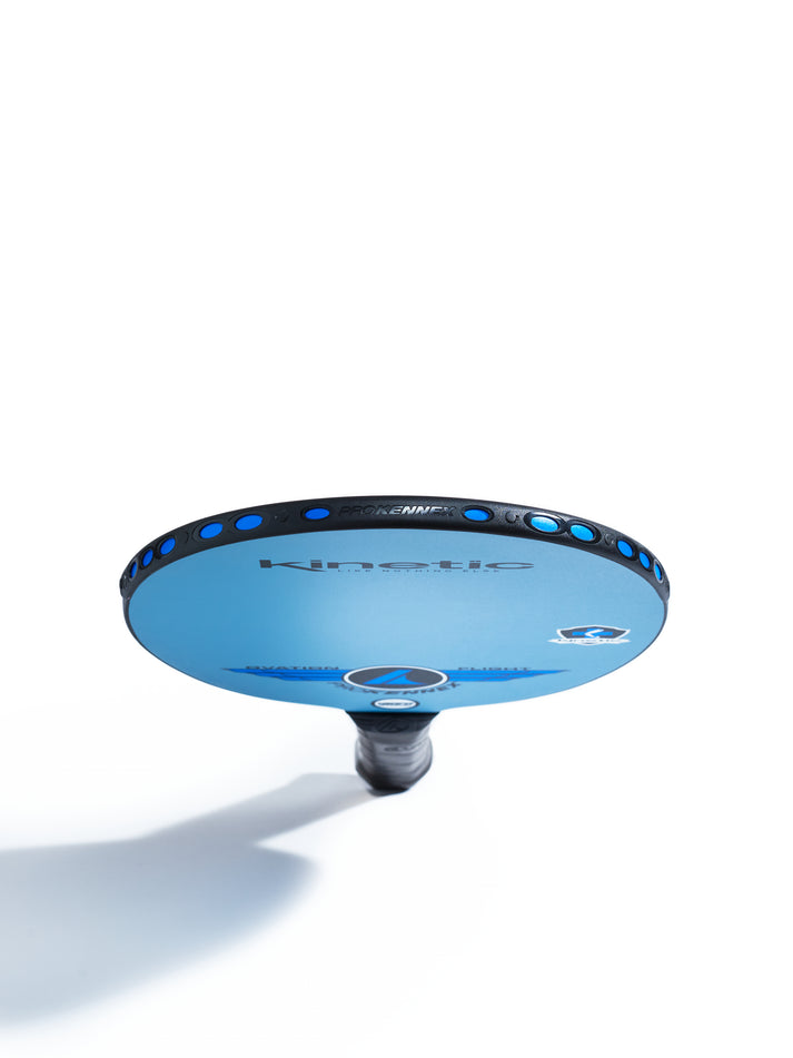 Light blue pickleball paddle with black accents, viewed from below against a white background.