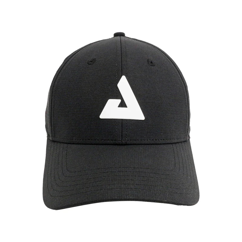 Black structured baseball cap featuring a white triangular logo.
