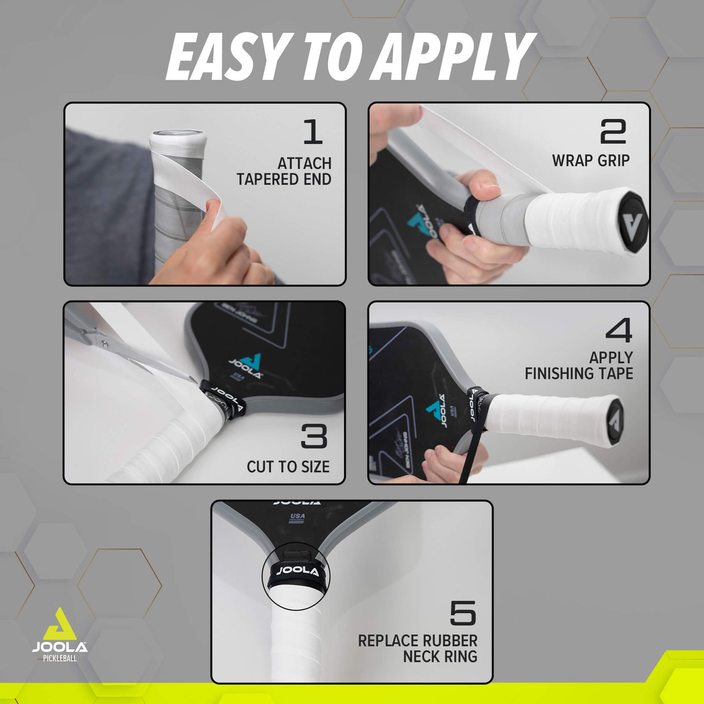 Step-by-step guide showing how to install a pickleball paddle grip.
