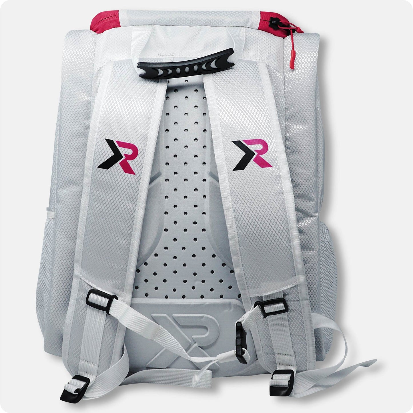 Light grey backpack with padded back panel, adjustable straps, and pink logo.