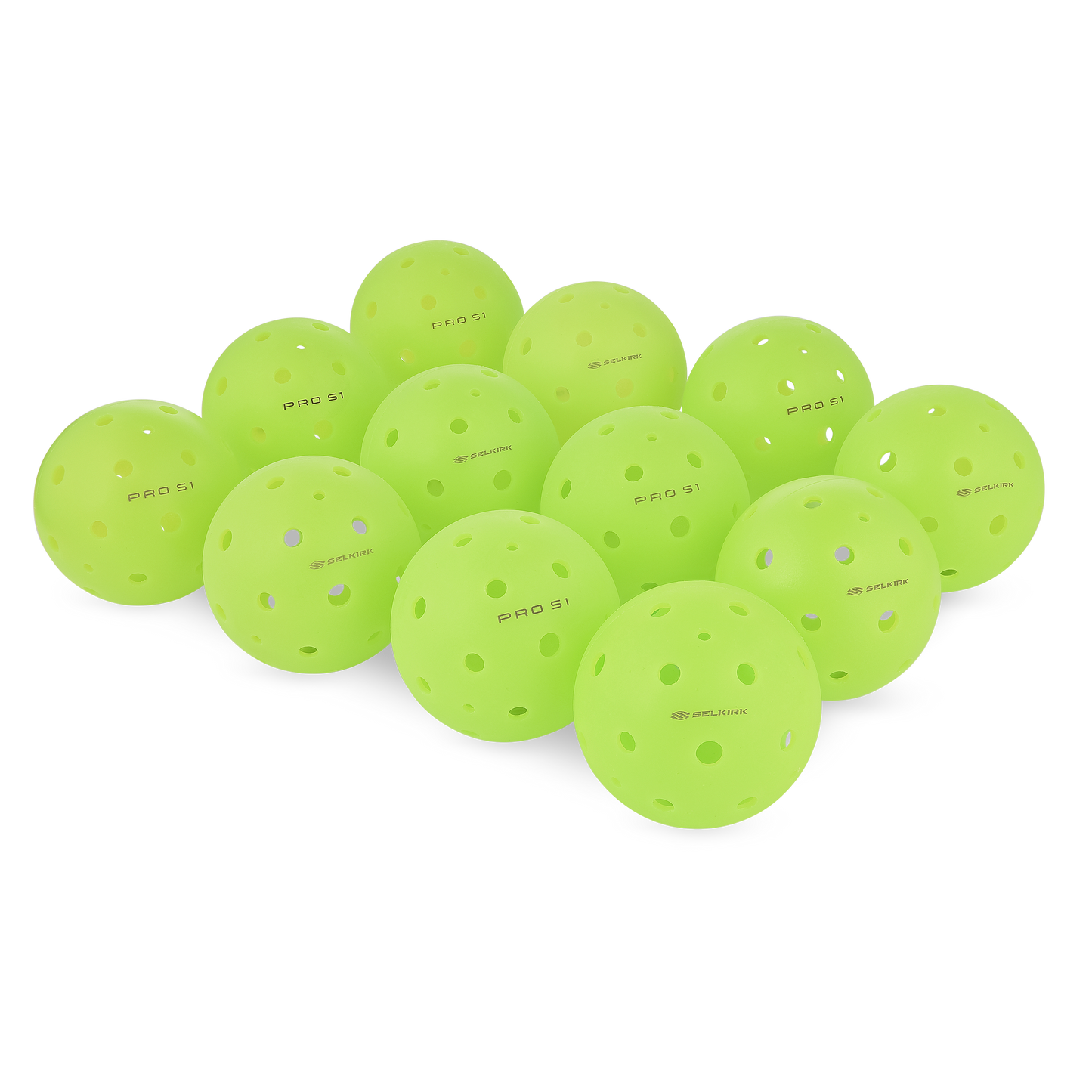 Bright lime green pickleballs, arranged on a black background.