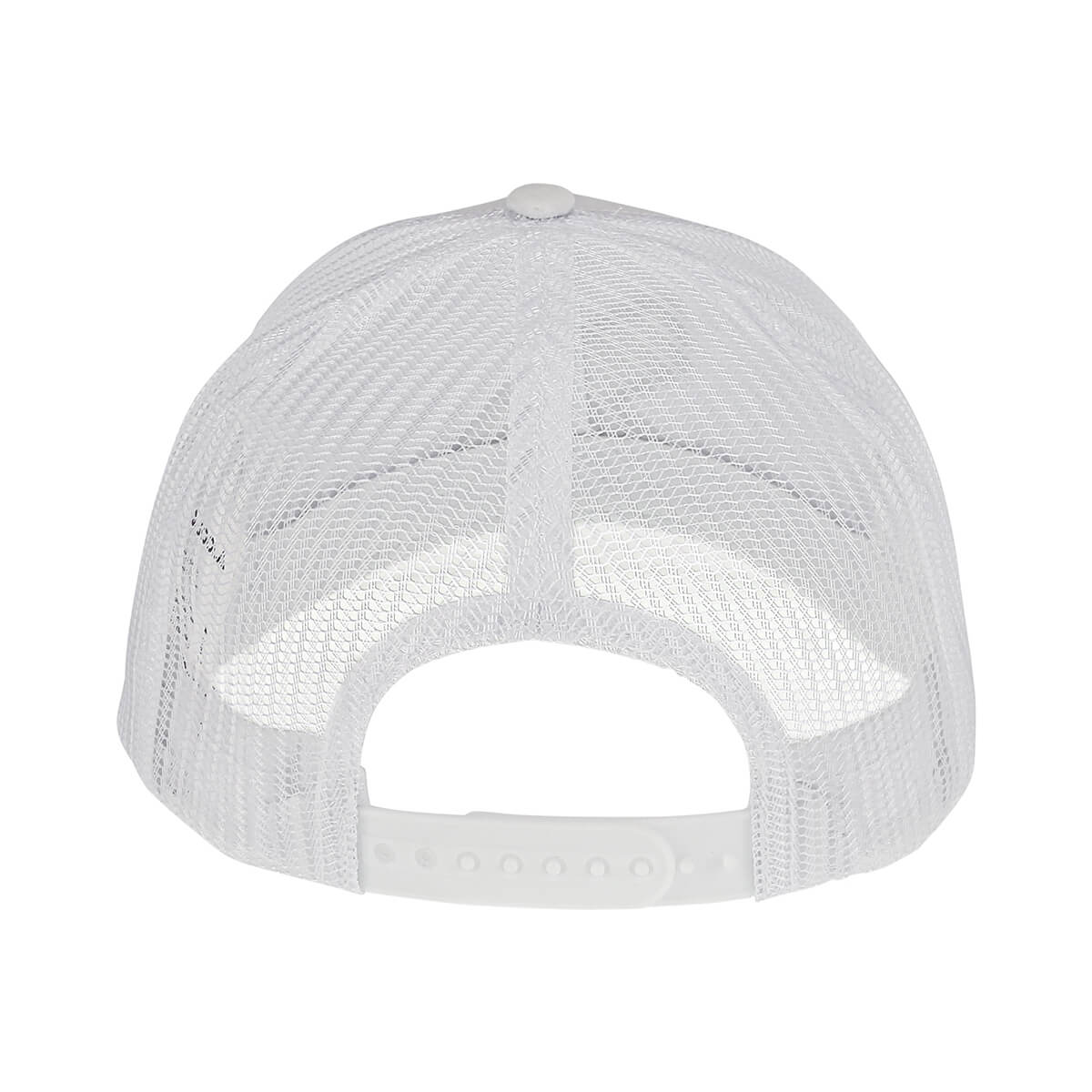 White mesh trucker hat, rear view showing adjustable plastic closure.