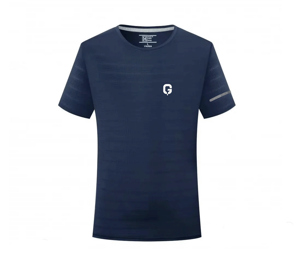 Navy blue slim-fit performance tee, moisture-wicking fabric.