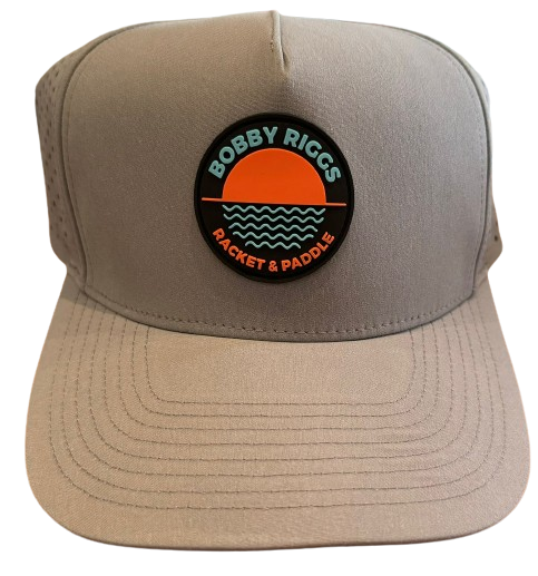 Gray snapback hat with a circular logo featuring a sunset and ocean waves.