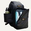 Black pickleball backpack with multiple compartments, shown open to reveal interior organization.