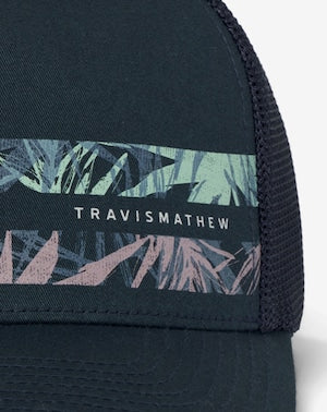 Navy blue fitted cap with tropical leaf print band