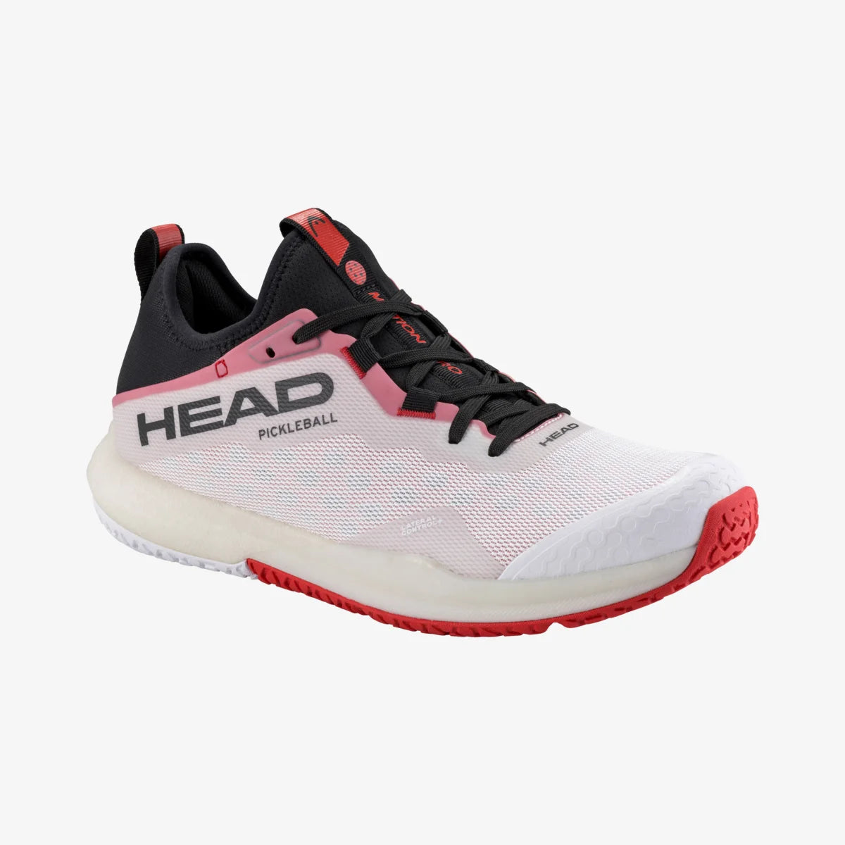 Men's pickleball shoes with white, black, and pink accents.