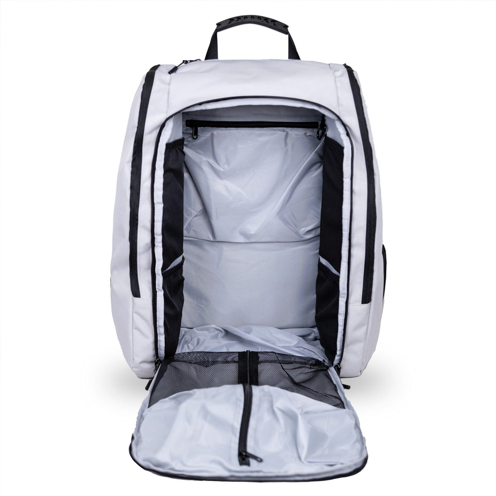 Light grey pickleball backpack open, showcasing spacious interior compartments and pockets.