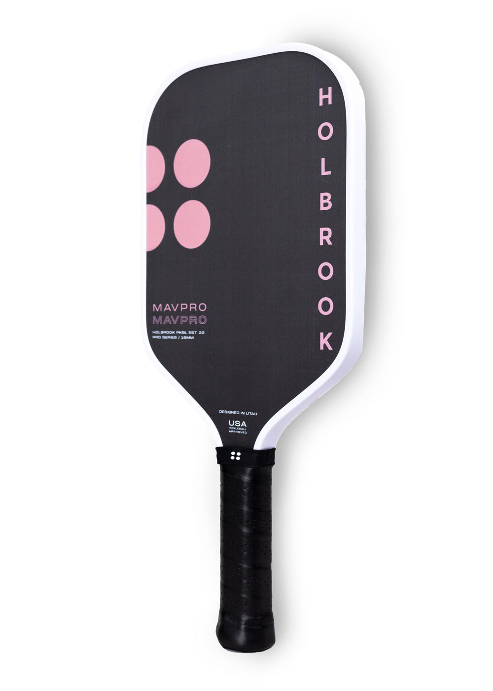 Pink and black pickleball paddle with a textured grip, designed in Utah.