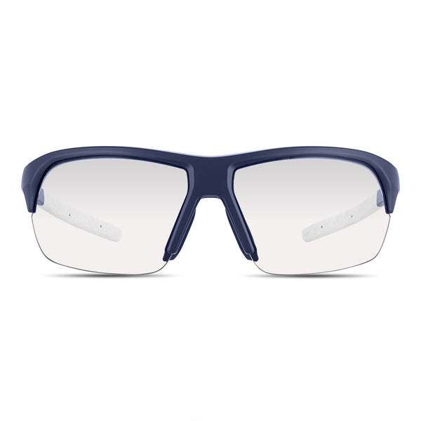 Clear HD+ blue-light glasses with navy frames, shown front-on.
