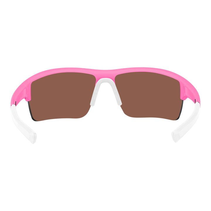 Pink sunglasses with brown lenses and white accents, rear view.